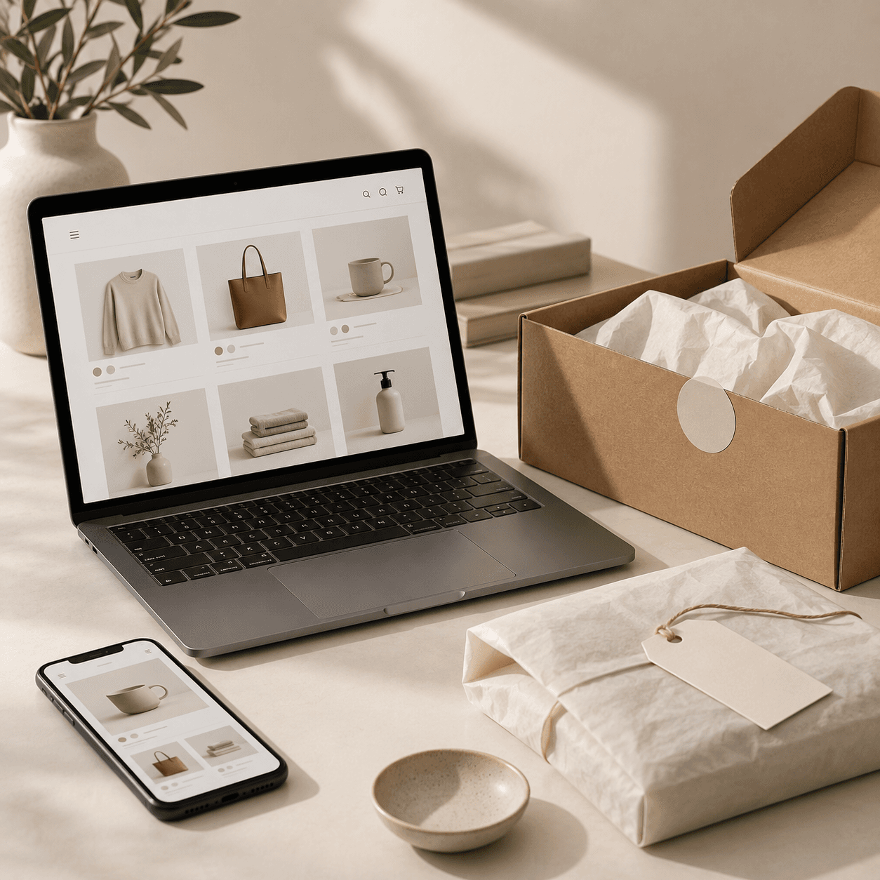 A carefully presented online shop displayed on a laptop and phone beside product packaging