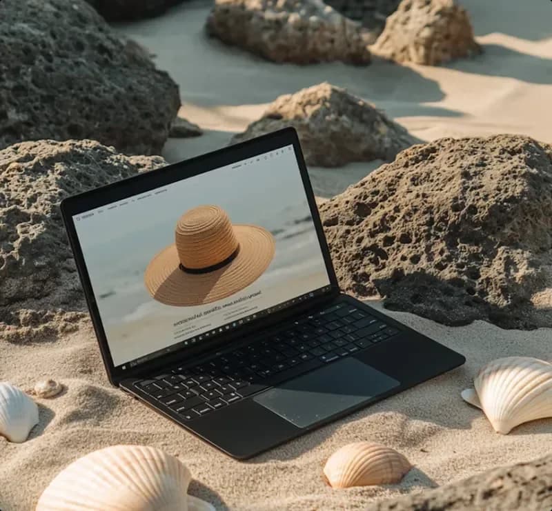 A distinctive editorial website displayed on a laptop in an expressive outdoor setting